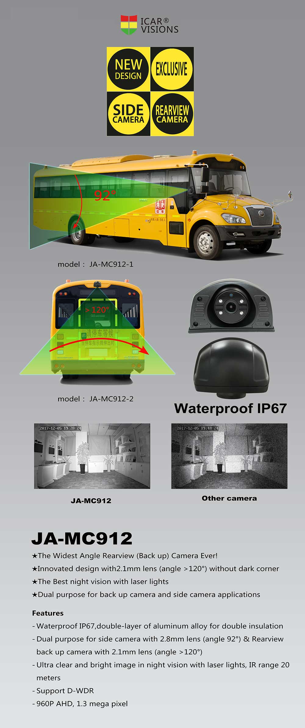 IP67 Waterproof 12V Vehicle AHD Camera for Mobile Dvr JA-MC912-B Picture2
