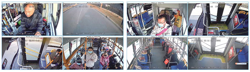 AI Passenger Counter Camera JI-MC947-4: Displaying 8 channels of timestamped video data from a bus for passenger counting.